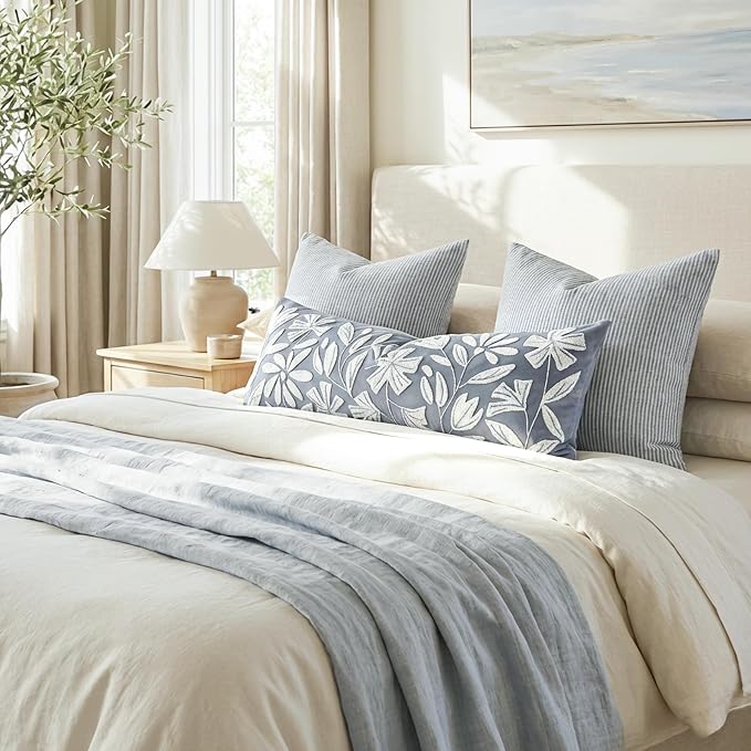 BlissBlush Long Lumbar Pillow Cover 14x36 for Bed, Coastal Dusty Blue Floral Tufted Velvet Accent Oversize Throw Pillowcase for Bedroom, Cover Only