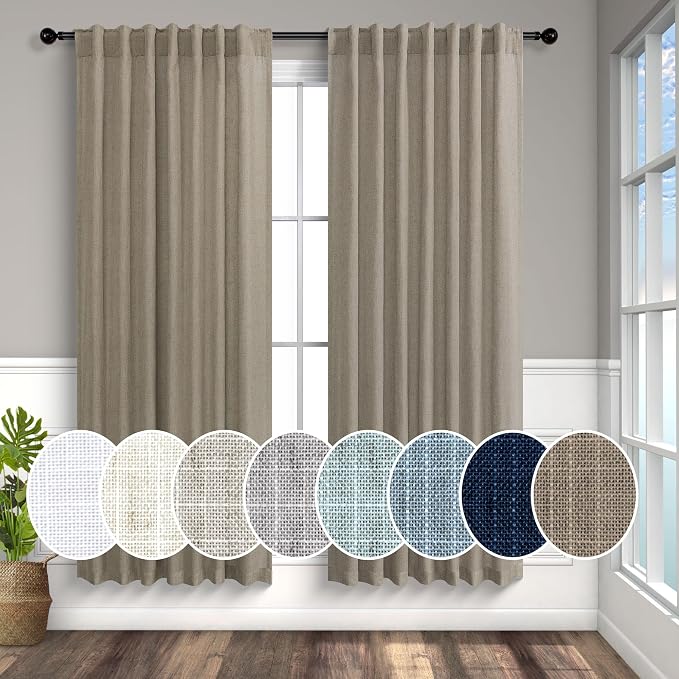 Pitalk Taupe Linen Curtains 54 Inch Length for Bedroom Farmhouse Cottage Core Linen Textured Light Filtering Semi-Sheer Curtain 2 Panels Burlap Look Privacy Linen Drapes 52x54 Long Back Tab Taupe Tan
