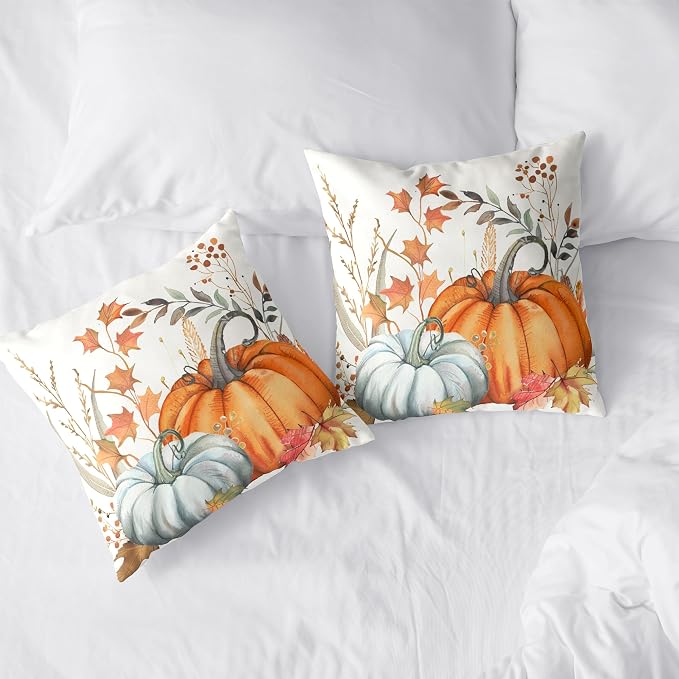 Orange Blue Pumpkin Pillow Covers Fall Maple Leaves Throw Pillow Covers Autumn Farmhouse Decorative Cushion Case 22x22 for Living Room Couch Patio Set of 2