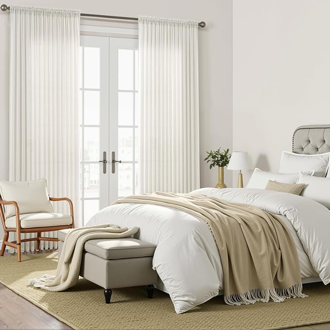 Extra Wide Linen Curtains 84 Inches Long for Living Room Natural Cream Semi Sheer Curtain 2 Panels Rod Pocket Light Filtering Window Drapes for Bedroom Sliding Glass Door Beige Ivory 100x84
