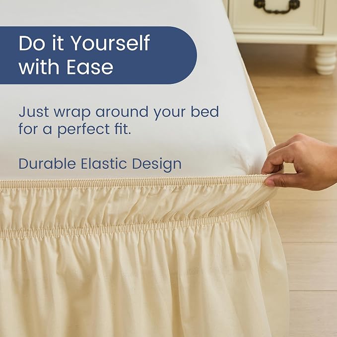 BISELINA Wrap Around Bed Skirts 17" Drop, Cotton Adjustable Elastic Dust Ruffles Easy Fit Wrinkle & Fade Resistant Soft Cozy Elegant Luxurious Bedding - Beige, Queen Size