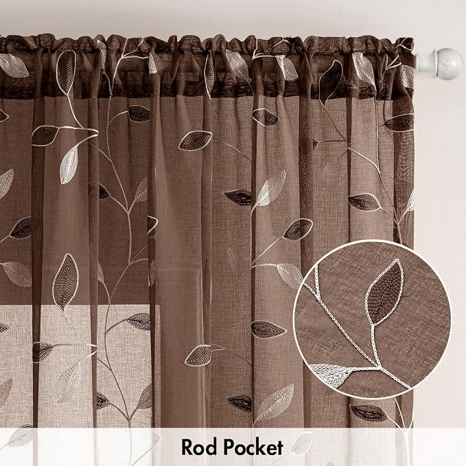 MIULEE Chocolate Brown Sheer Curtains 2 Panels Leaf Patterned, W52 x L96 | Embroidered Floral Semi Sheer,Rod Pocket,Faux Linen,Short Window Curtains Drapes Set for Kitchen/Bathroom/Cafe