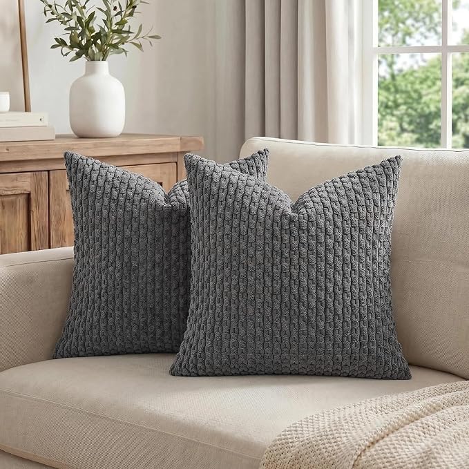 Fancy Homi 2 Packs Dark Gray Decorative Throw Pillow Covers 14x14 Inch for Couch Bed Sofa, Modern Farmhouse Boho Home Decor, Soft Cute Plush Corduroy Cushion Case 35x35 CM