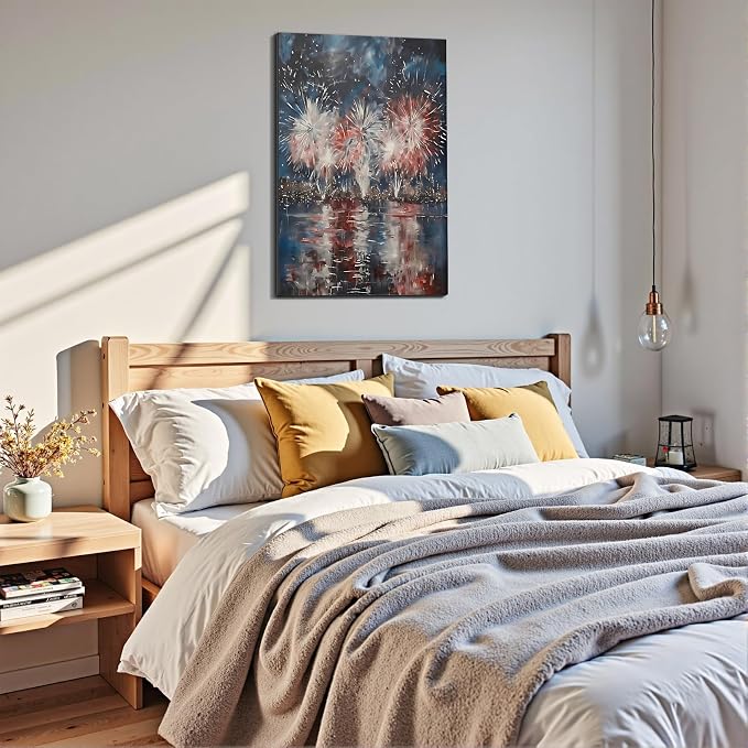 Framed 4th of July Fireworks Cityscape Wall Art, Patriotic Abstract Canvas Art Pictures, USA Independence Day Wall Decor, Made in USA Ready to Hang for Living Room Bar