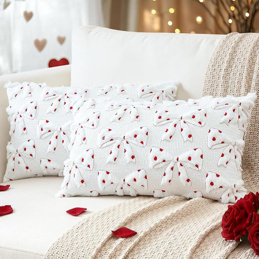 Artscope Valentines Bow Pillow Covers 12x20 Set of 2 Decorative Valentine's Day Throw Pillow Cases Soft Plush Faux Fur Couch Cushion Case for Holiday Sofa Bed Room Home Decor-White Bow
