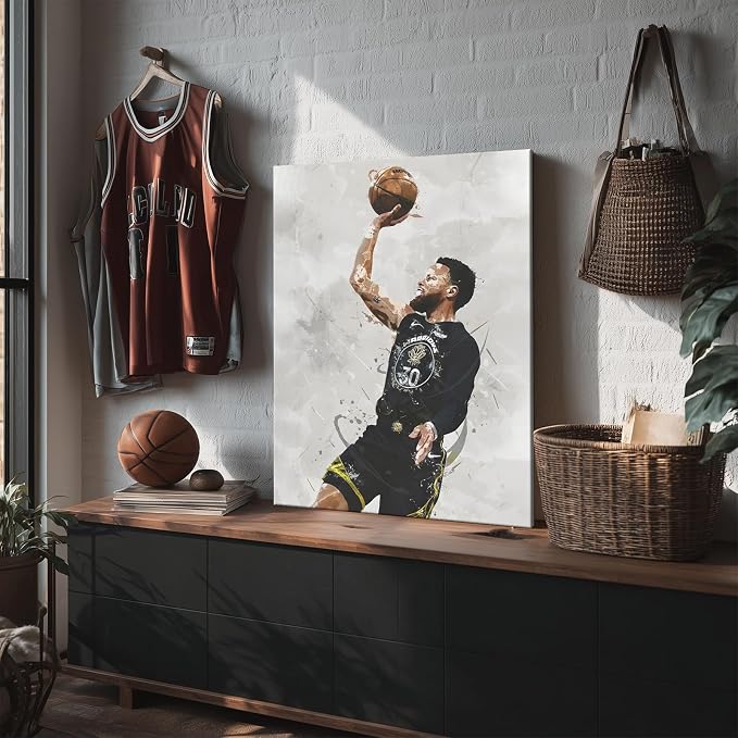 Stephen Curry Basketball Canvas Wall Art, Sports Player Poster, 12x16 Inch | Abstract splash ink athletic artwork, motivational sports wall decor for teen boys room, bedroom, living room, gym or office