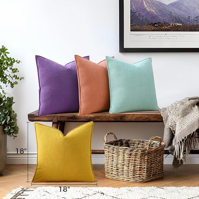 Pack of 4 Throw Pillow Covers Corduroy 18x18 Inch,Macaron | Decorative Velvet Couch,Summer Cases Square,Farmhouse Boho Cushion Covers for Sofa Bed Living Room Home Decor & Office