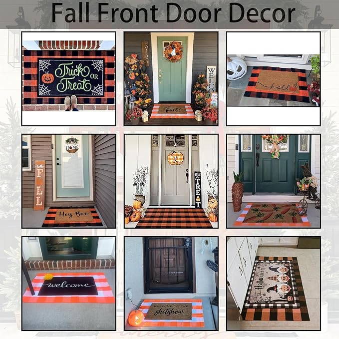 Orange and White Plaid Rug, 24'' x 51'' Fall Front Door Decor Mat, Cotton Washable Hand-Woven Door mat for Layered Doormat, Autumn Halloween Thanksgiving Carpet for Porch, Entryway