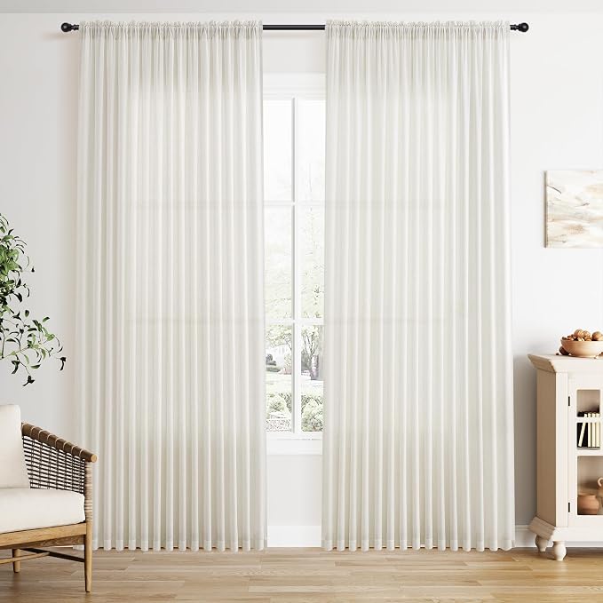 Extra Wide Linen Curtains 84 Inches Long for Living Room Natural Cream Semi Sheer Curtain 2 Panels Rod Pocket Light Filtering Window Drapes for Bedroom Sliding Glass Door Beige Ivory 100x84