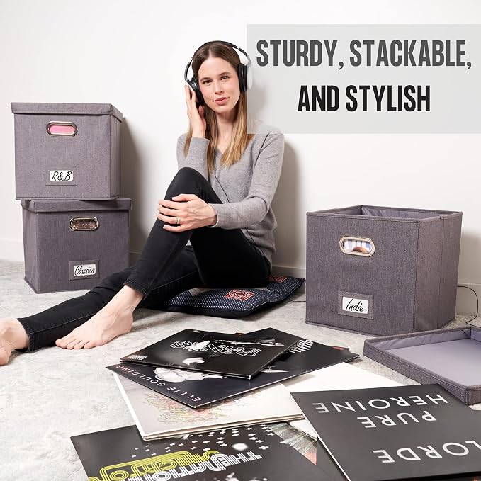 Decorative Vinyl Record Storage Box for 50+ Single Records - LP Holder