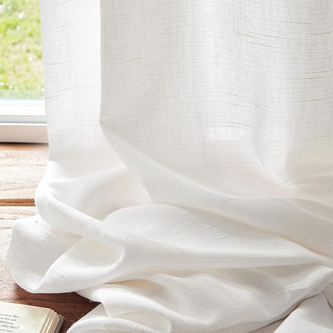 jinchan Linen Curtains Light Filtering Back Tab 38x63 Inch 2 Panels White | Semi Sheer Curtains 63 inch length for Bedroom Living Room, Modern Farmhouse Drapes with Rod Pocket, Natural Boho Curtains