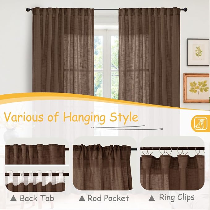 YoungsTex Brown Linen Curtains 45 Inches Long - Small Semi Sheer Drapes with Rod Pocket Back Tab Rustic Natural for Bathroom Kitchen Windows Over Sink, 2 Panels, 34 X 45 Inch