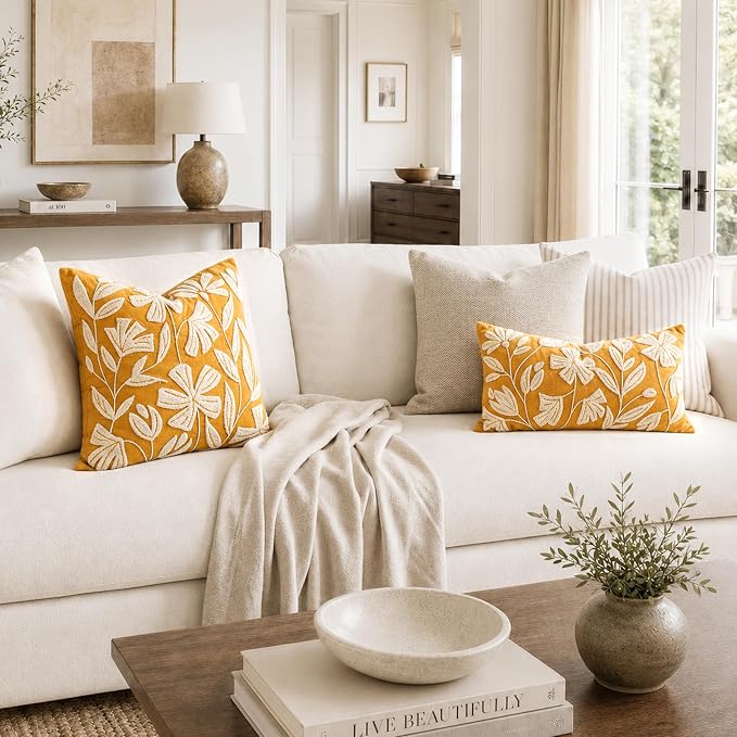 BlissBlush Throw Pillow Cover 20x20 Inch, Mustard Floral Tufted Velvet Decorative Accent Pillow Case for Sofa Bed Living Room, Cover Only