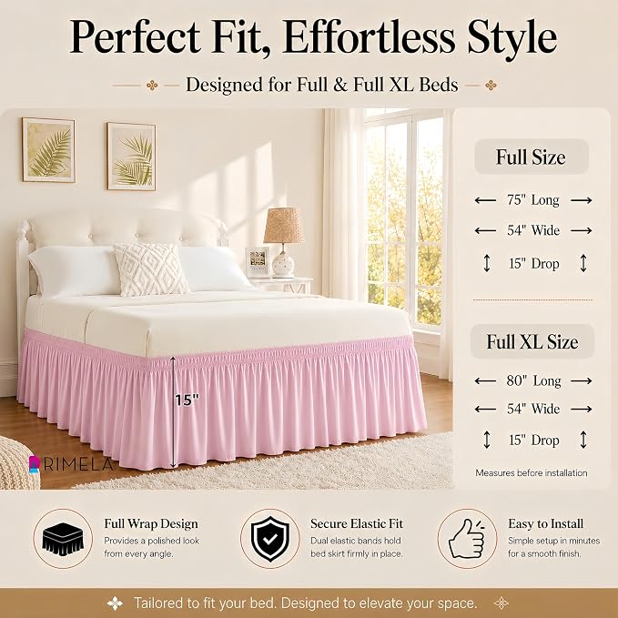 Dusty Pink Bed Skirt Full Size 15" Drop, Elastic Wrap Around Bedskirt | Solid Ruffled, Easy to Use, No Mattress Lifting, Wrinkle & Fade Resistant, with Adhesive Strips, Machine Wash/Dry/Iron