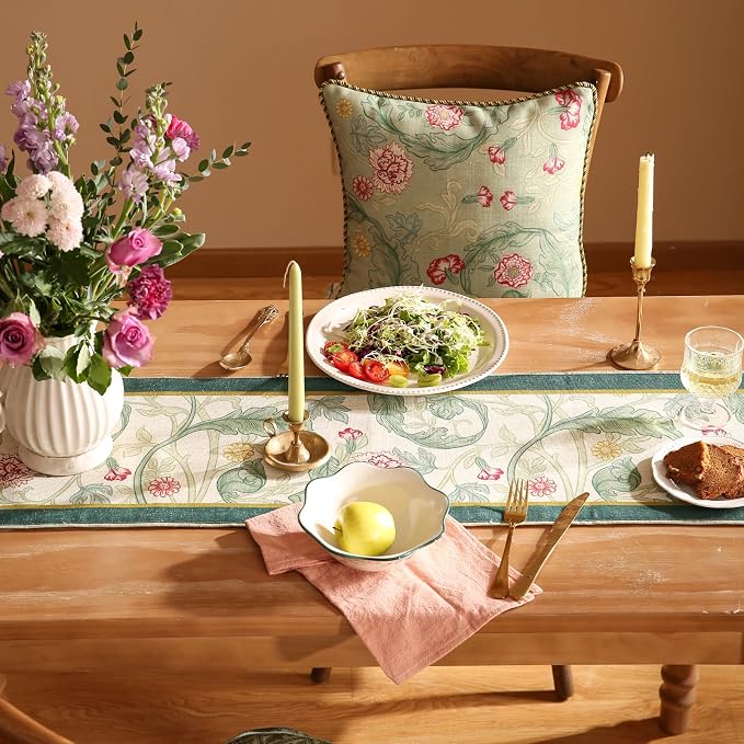 Patdrea Designer Vintage French Linen Table Runner,12"X118"-Cecilia A | Tablerunner 118 Inches Long,Green Floral Print,Decorative Runner for Dining Room Living Room Banquet,Tassel Edge