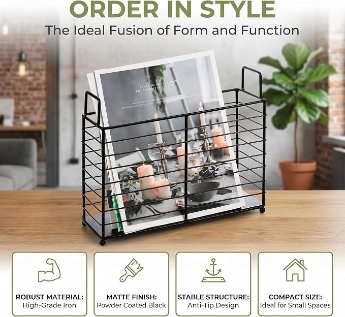 Noamus Metal Magazine Rack, Newspaper Book Tablet Storage Basket, File Holder Mail Organizer Bin with Handles, Iron Wire Black Folder Stand Holder for Home Office Bathroom Bedroom Den Living Room