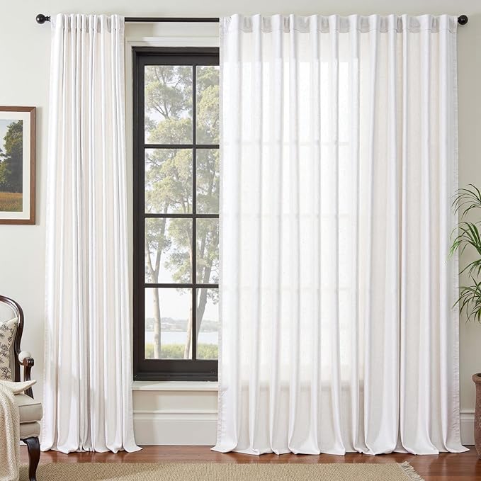 jinchan Linen Curtains Light Filtering Back Tab 100x108 Inch 1 Panel White | Semi Sheer Curtains 108 inch length for Bedroom Living Room, Modern Farmhouse Drapes with Rod Pocket, Natural Boho Curtains