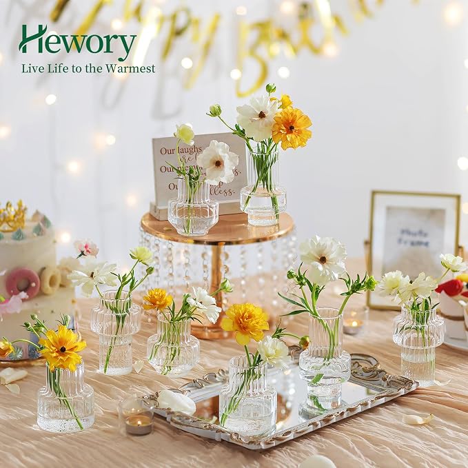 Hewory Ribbed Bud Vases for Centerpieces: 16PCS Small Flower Vases Bulk | Modern Glass Jars for Wedding Table Decor, Assorted Clear Floral Arrangement, Mini, Fluted, Pleated, Set