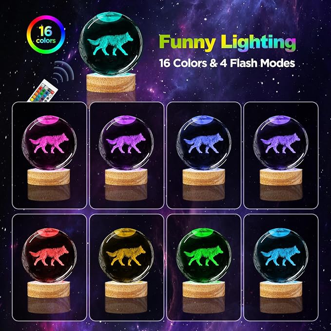 3D Crystal Ball Night Light - 3.15 Inch Wolf Figurine Glass Ball Lamp with 16 Color Changing Wooden Base - Ideal Gifts for Friends, Kids, Christmas, Birthday