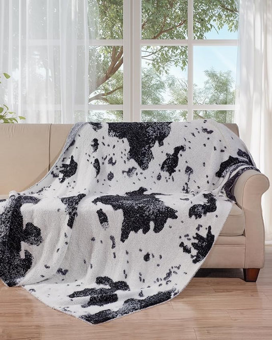 Knit Throw Blanket for Couch, Soft Cozy Fluffy Knitted Blanket for Sofa, Bed, Gift for Women Girls Home Decor (Cow-Black, Throw 50"x60")