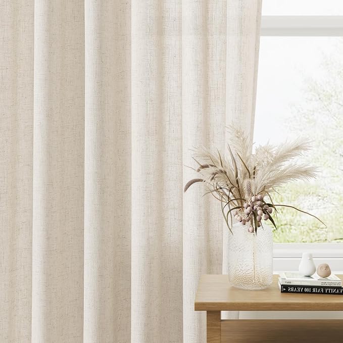 Warm Beige Linen Curtains 84 Inches Long 2 Panel Set Rod Pocket Semi Sheer Dining Room Cozy Bedroom Decor Cotton Look Country Rustic Farmhouse Boho Curtains 52x84