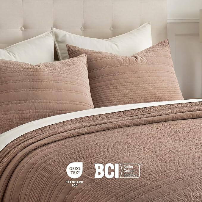 EVERGRACEHOME 100% Cotton Modern Lines Quilt Set Queen Size, Rose Dust | Pre-Washed Soft Cotton, Striped Coverlet Bedspread, 3 Piece Lightweight Bedding Set for All Season, with 2 Pillow Shams
