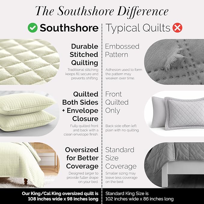Southshore Fine Living, Inc. Oversized King Quilt Bedding Set, Soft Quilted Bedspread, Wrinkle Free and Pet Hair Resistant Bedding, Quilted Coverlet Set w/2 Pillow Shams, Cream Quilt King Bedspread