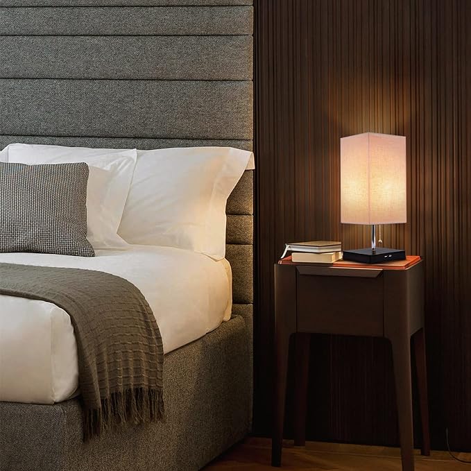 Siljoy Modern Table Lamp with 2 USB Charging Ports, Nightstand Bedside Desk Lamp with Beige Fabric Lampshade, Pull Chain Switch & Black Wooden Base, Ambient Light Beside Lamps for Bedroom, Living Room