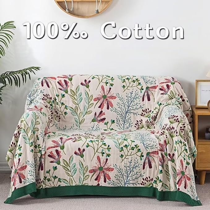 Boho Throw Blanket for Bed 100% Cotton Bohemian Blankets Ultra Soft Woven Muslin Decorative Blankets All Seasons Vintage Quilt Knitted Blanket for Sofa Chair(Green, 60"x80")