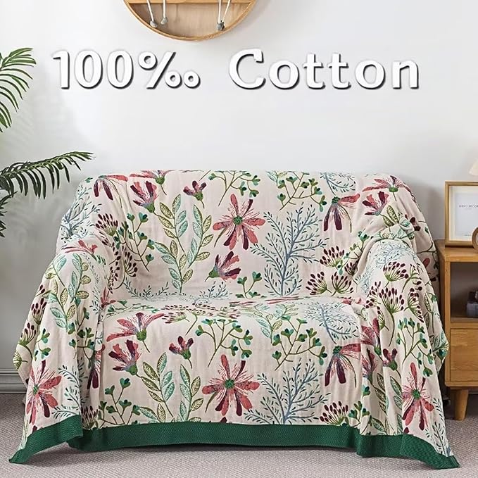 Boho Throw Blanket for Bed 100% Cotton Bohemian Blankets Ultra Soft Woven Muslin Decorative Blankets All Seasons Vintage Quilt Knitted Blanket for Sofa Chair(Green, 80"x90")
