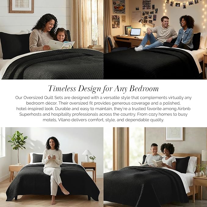 Southshore Fine Living, Inc. Oversized King Quilt Bedding Set, Microfiber Quilts, Pet Hair Resistant Bedding, Oversized King Size Quilt Set w/2 Pillow Shams, Black Bedspread & Coverlet Sets