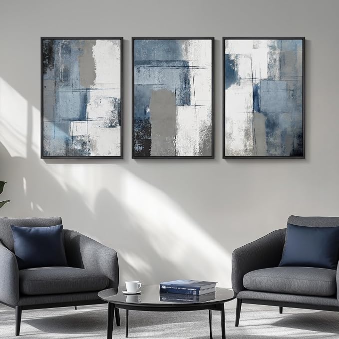 Large Framed Blue and Gray Modern Abstract Wall Art, 3 Piece Set, 20x30 In | Minimalist color block pictures, Canvas prints, Wood frame, Artwork for walls, Wall decor for living room bedroom hallway