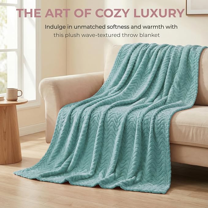 Exclusivo Mezcla Soft Fleece Blanket King Size for Bed, Sofa, Celadon | 90"x104" Breathable Lightweight Flannel Blanket for Summer, Plush Cozy Jacquard Wave for Home Decor