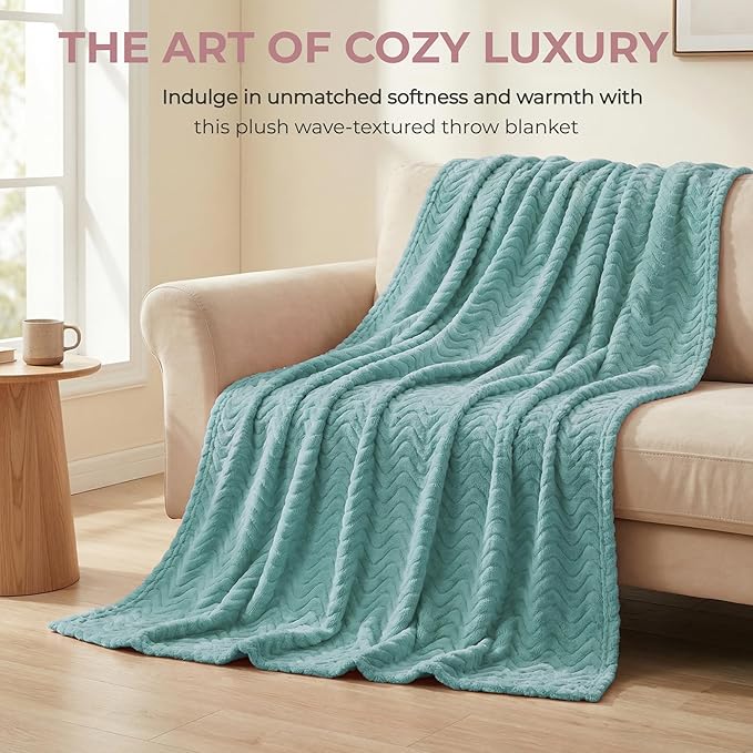Exclusivo Mezcla Soft Fleece Blanket Queen Size for Bed, Sofa, Celadon | 90"x90" Breathable Lightweight Flannel Blanket for Summer, Plush Cozy Jacquard Wave for Home Decor