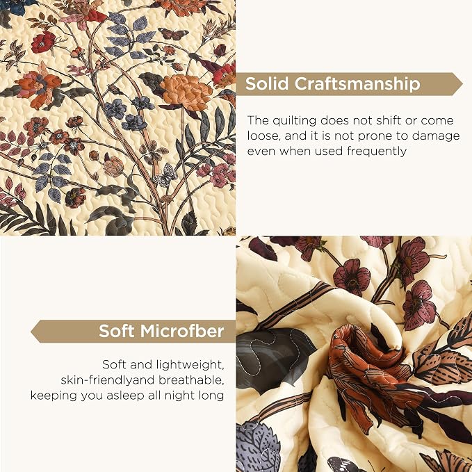 Litanika Floral Beige Quilt King - 3Pcs Botanical Birds Pattern Bed Set | Bedspread Summer Lightweight Soft Coverlet with Orange Flower for All Seasons(106"x96")