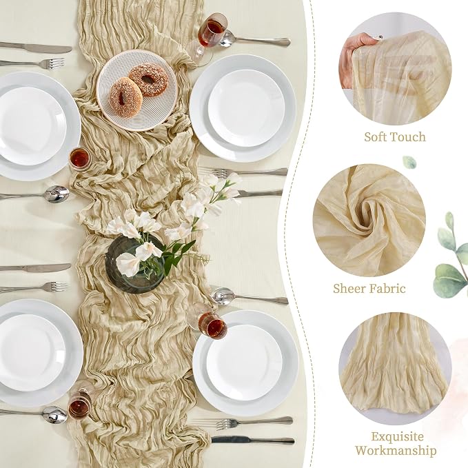 AGIRL Beige Cheesecloth Table Runner 35×120 Inch Fall Boho Gauze Home Decor | Rustic cheese cloths Sheer Gauze for Wedding Bridal Baby Shower Birthday Party Table Decor Halloween Thanksgiving Christmas