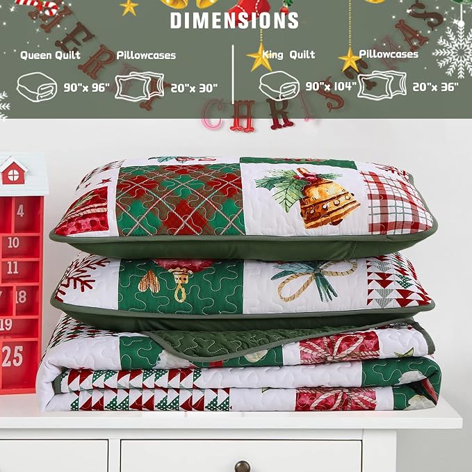 Mybedsoul Christmas Quilt Set Queen Size, Christmas Patchwork Bedding Set | 3 Pieces Snowflake Wreaths Pine Holiday, Red Vanilla Grid Coverlet Bedspread Coverlet with 2 Pillowcases for All Seasons