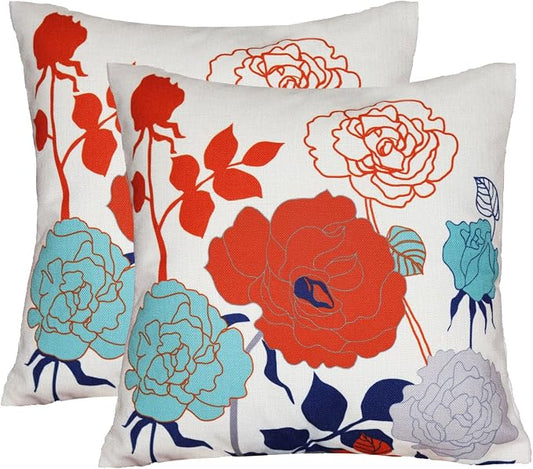 Burnt Orange Floral Pillow Covers 20x20 Inch Set of 2 Cotton Linen