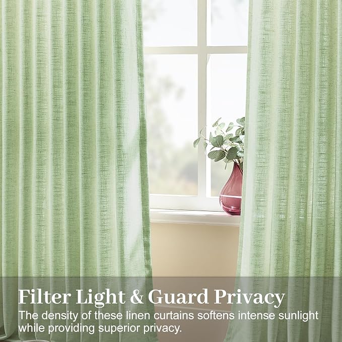 Pinch Pleated 96 Inch Linen Curtains for Living Room, Light Filtering, W40 | Semi Sheer, Bedroom, Pinch Pleat, Linen Blend, Hook Rings, Non See Through, Memory Shape, Privacy, Sage Green, 2 Panels