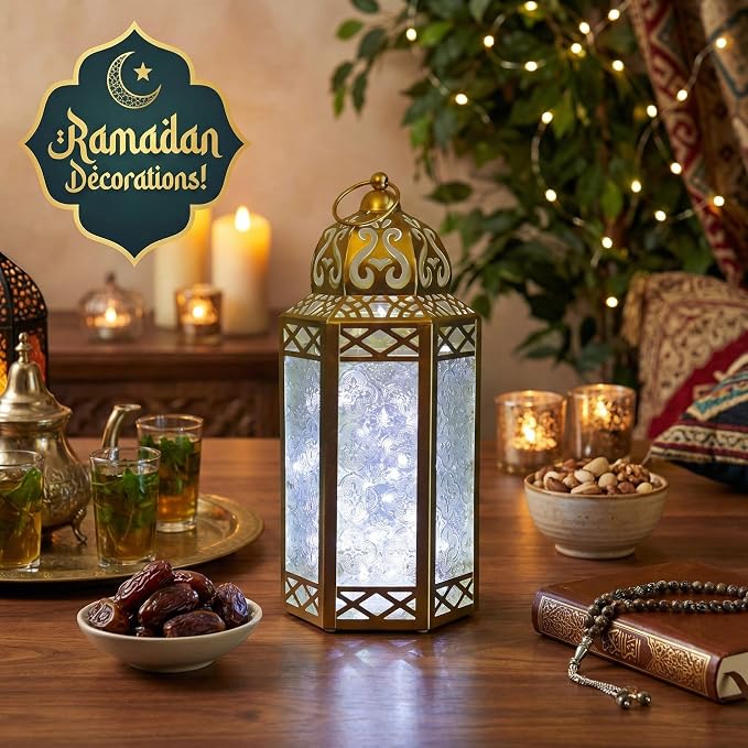 Vela Lanterns Decorative Indoor Fairy Light Ramadan Candle Holder, Gold, L | Turkish & Moroccan Decor, Eid Mubarak Decorations, Wedding Table Centerpieces, Metal Hanging Lamp, Porch Patio, 12" Tall