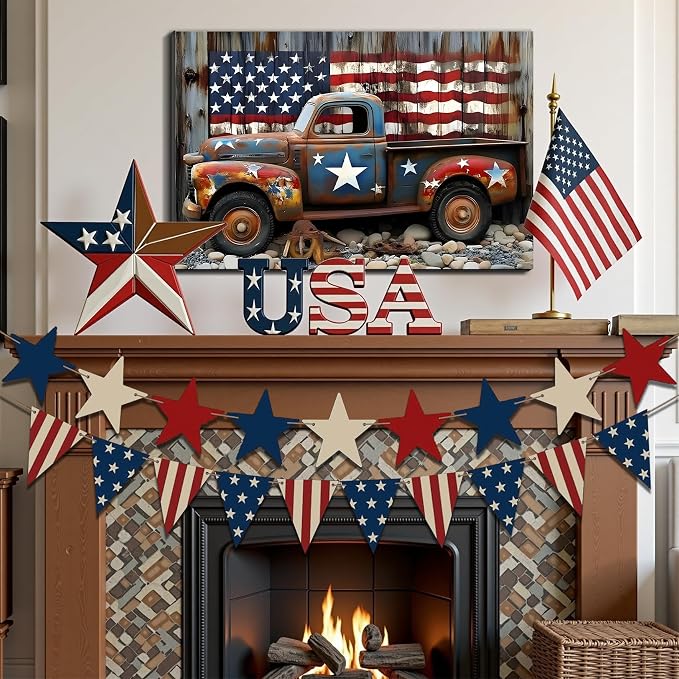 Framed Rustic American Flag Vintage Truck Wall Art, Patriotic Farmhouse Canvas Art Pictures, Distressed USA Wall Decor for Garage Man Cave Living Room, Ready to Hang Made in USA