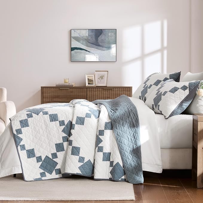 WDCOZY 100% Cotton Quilt California Cal King Size, Oversized Lightweight Reversible Gingham Patchwork Bedding Set with 2 Pillow Shams, Blue Block Pattern Farmhouse Rustic Bedspread Coverlet All Season