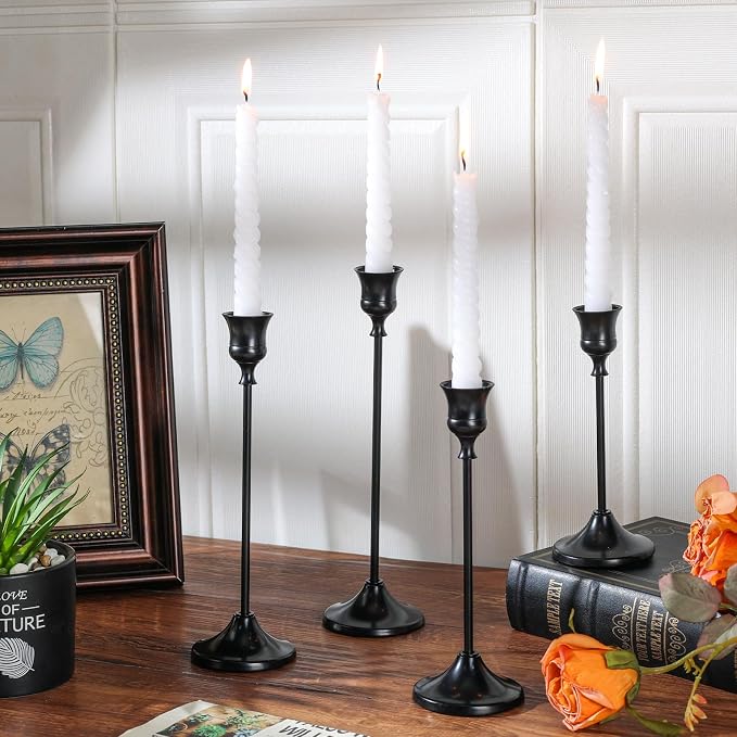 Candlestick Holders 4 Sets(12 Pcs), Black Candle Holders with Anti-Slip Pad, Metal Taper Candle Holder, Candle Holder for Wedding Fireplace Mantel Housewarming Gift