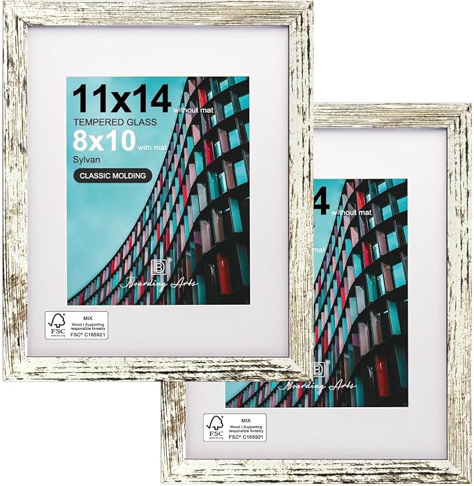 11x14 Picture Frame-Vintage White,8x10 Mat,Tempered Glass,Engineered Wood