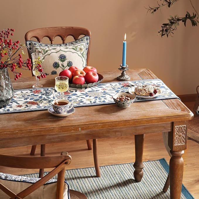 Patdrea Designer Vintage French Linen Table Runner,12"X87"-Ivar A | Elegant Tablerunner 87 Inches Long,Blue and White Floral Pattern,Decor Runner for Dining Room Living Room Banquet