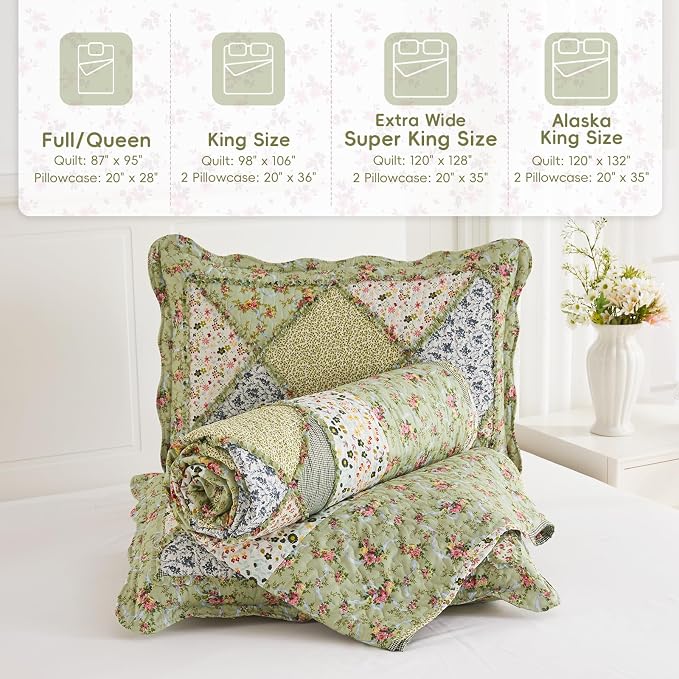 Full/Queen Size Quilt Set Green Floral Patchwork Bedspreads Coverlet Set | VIVILINEN 3-Piece Reversible Floral Bedding Set Lightweight Comforter Queen Bed Sheet Set Cover Blanket with 2 Pillow Shams