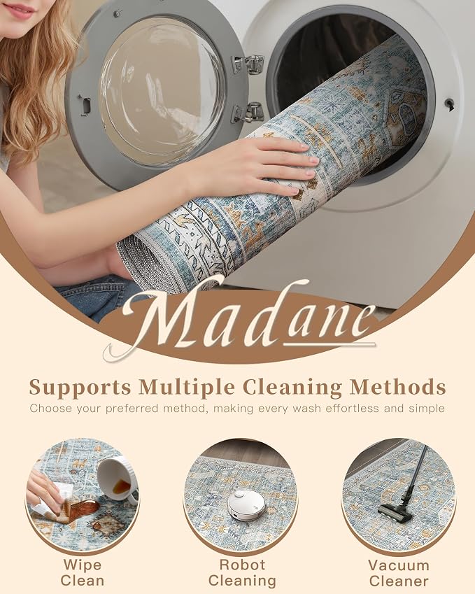 Madane Hallway Runner Rug 2x8 Washable Kitchen Rugs Non-Slip, Blue/Gold | Vintage Machine Washable Low-Pile Floor Carpet 8ft, Soft Ultra-Thin Throw Entry Foyer Mat for Entrance Laundry Living Room