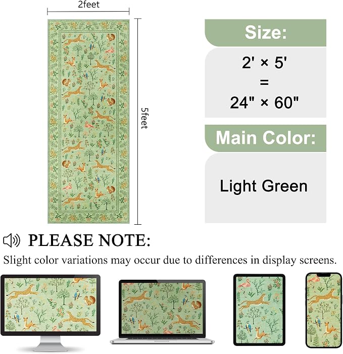 DUKINO 2x5 Rug for Hallway, Washable Animal Runner Rug Non Slip Light Green | Low Pile, Stain Resistant, Soft Indoor Carpet Runner for Kitchen, Entryway, Bedroom, Bathroom, Pet Friendly, Lightweight