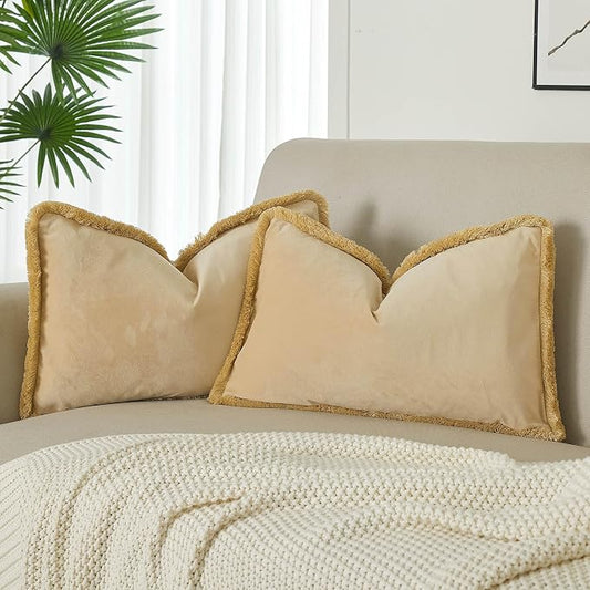 JUSPURBET Khaki Decorative Lumbar Velvet Fringe Throw Pillow Covers 12x20 Set of 2 Boho Soft Cushion Case for Home Decor Living Room Couch Sofa Bed