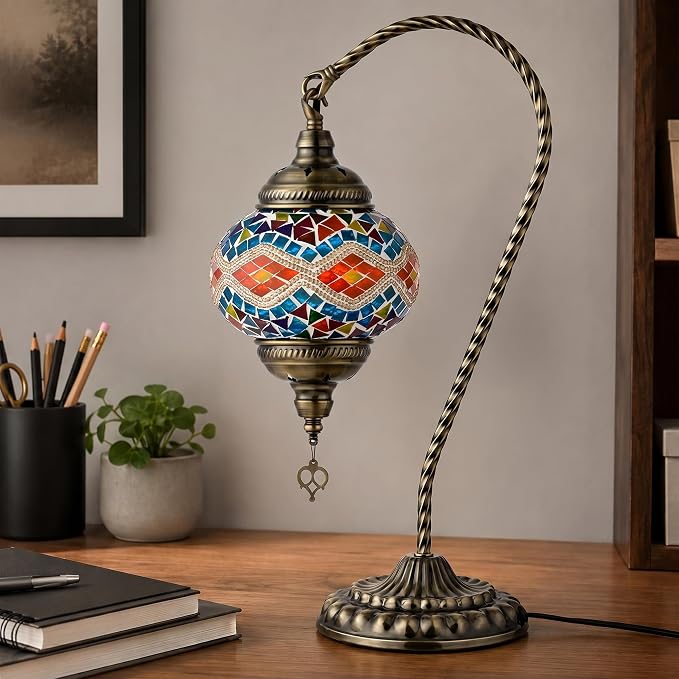 GOGERS Swan Neck Turkish Moroccan Lamp Handmade Stained Mosaic Glass Vintage Lamp Shade Bohemian Tiffany Style Bedside Night Lamp Lighting for Bedroom Living Room (Colorful)